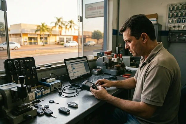Chaveiro programando chaves de controle em Três Lagoas com equipamentos tecnológicos.